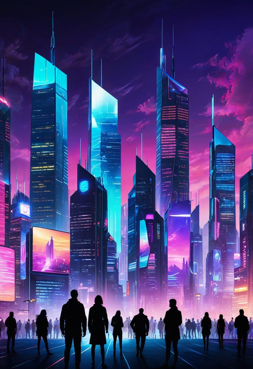 A futuristic city skyline with digital screens displaying insurance schemes, a diverse group of people interacting with holographic insurance tools, symbols of protection like shields and locks integrated into the scene, bright neon colors shining through a twilight ambiance above. vibrant colors. cyberpunk.