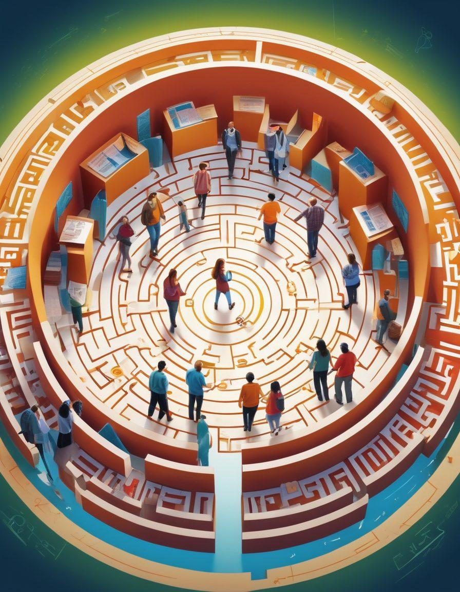 An artistic representation of a modern family navigating a maze made of insurance documents and financial symbols, with a clear path leading to a secure safe at the center. The scene illustrates collaboration and strategy, featuring diverse individuals discussing and planning together, surrounded by elements symbolizing security, like shields and locks. Bright and engaging colors to convey optimism and clarity. vector art. vibrant colors.