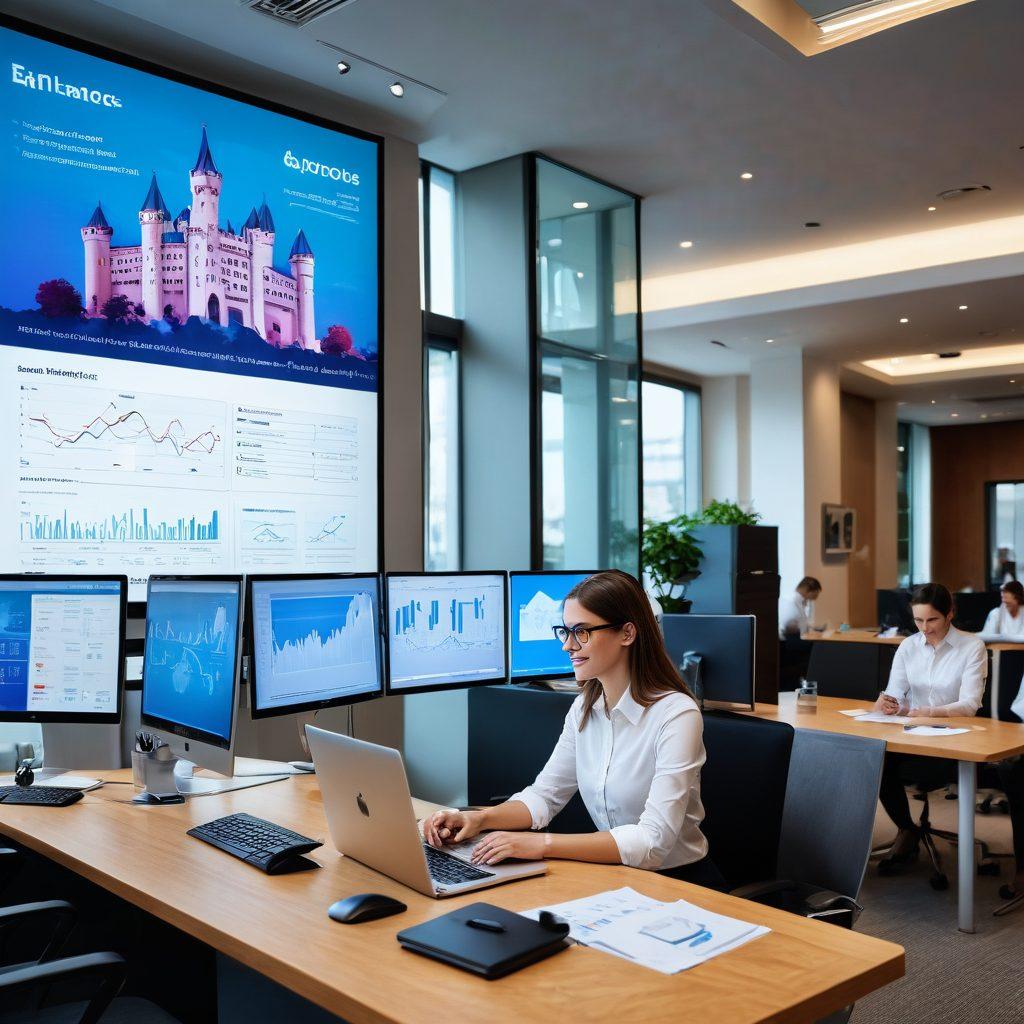 A modern insurance office with sleek technology displays and happy clients interacting with digital devices. Showcase a stylish castillo (castle) in the background symbolizing strength and security in insurance services. Include elements like charts, graphs, and holograms representing innovative technology. Bright, inviting colors to create a warm atmosphere. super-realistic. vibrant colors.